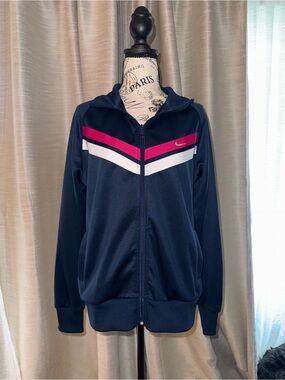 Nike Women's Navy Zip-Front Track Suit with Pink & White Chevron